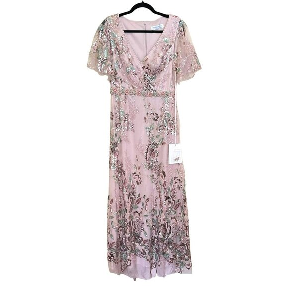 Mac Duggal Pink Sequin Floral Butterfly Sleeve Maxi Dress A-Line Gown Sz 8 NWT - Picture 5 of 10